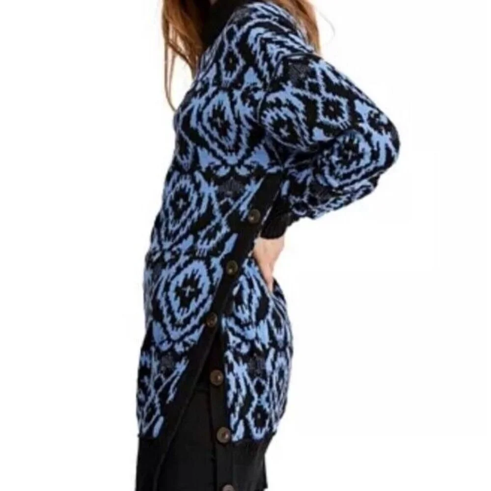 Free People Winter Skies Wallpaper Blue and Black Tunic Sweater Dress Size XS